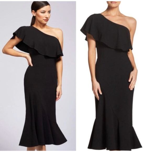 Dress The Population women’s Raquel one shoulder ruffle Midi Dress size S Black - Picture 1 of 9